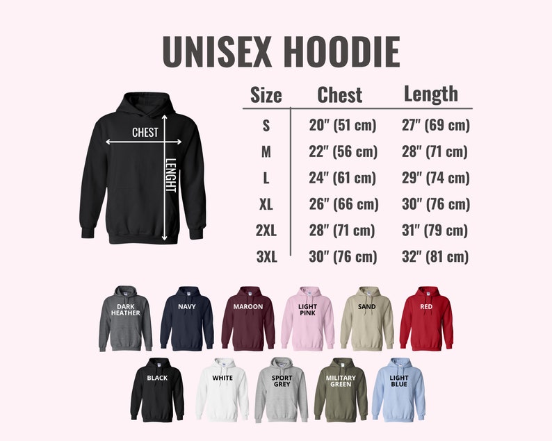 K&ouml;nnte beinhalten: Unisex-Hoodie-Gr&ouml;&szlig;entabelle mit Ma&szlig;en in Zoll und Zentimetern. Die Tabelle zeigt Brust- und L&auml;ngenma&szlig;e f&uuml;r die Gr&ouml;&szlig;en S, M, L, XL, 2XL und 3XL. Der Hoodie ist in 12 Farben erh&auml;ltlich: Dunkelgrau meliert, Marine, Rotbraun, Hellrosa, Sand, Rot, Schwarz, Wei&szlig;, Sportgrau, Milit&auml;rgr&uuml;n und Hellblau.