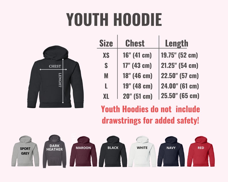 K&ouml;nnte beinhalten: Gr&ouml;&szlig;entabelle f&uuml;r Jugend-Hoodies mit Ma&szlig;en in Zoll und Zentimetern. Die Tabelle zeigt die Gr&ouml;&szlig;en XS bis XL mit den entsprechenden Brust- und L&auml;ngenma&szlig;en. Die Tabelle enth&auml;lt auch einen Hinweis, dass Jugend-Hoodies keine Kordeln zur zus&auml;tzlichen Sicherheit enthalten. Das Bild zeigt auch eine Vielzahl von Farben f&uuml;r die Hoodies, darunter Sportgrau, Dunkelgrau meliert, Rotbraun, Schwarz, Wei&szlig;, Marineblau und Rot.