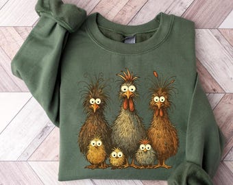 Funny Chicken Family Sweatshirt, Colorful Rooster Hen Pullover, Farm Animal Lover Crewneck