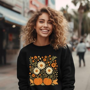 Floral Pumpkin Fall Sweatshirt, Aesthetic Flower Pumpkin Sweatshirt,Boho Fall Graphic Sweatshirt for Women,Cute Autumn Pumpkin Patch Sweater