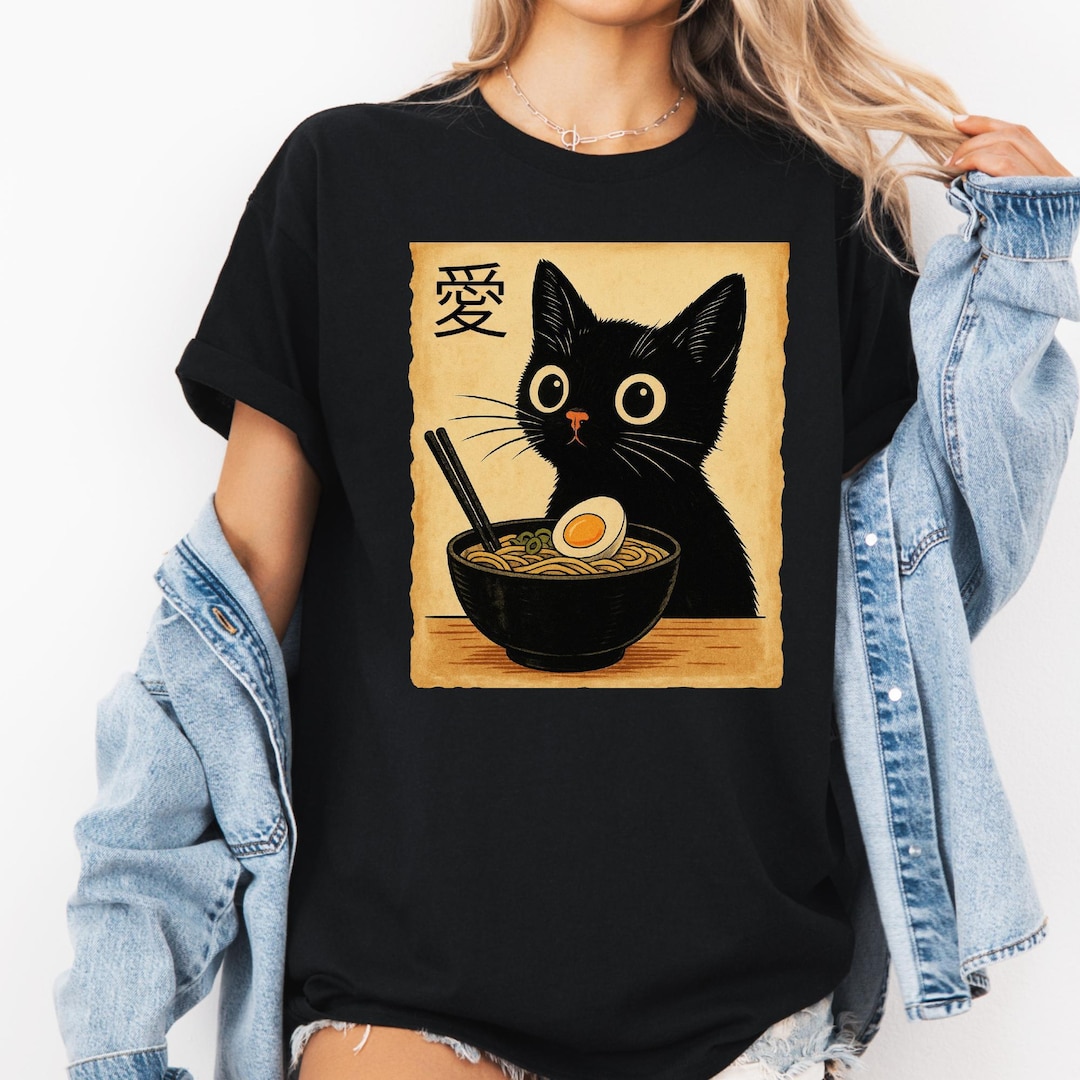 Funny Cat Ramen T-shirt, Kawaii Japanese Anime Cat Graphic Tee, Cute ...