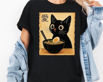 Funny Cat Ramen T-Shirt, Kawaii Japanese Anime Cat Graphic Tee, Cute Noodle Cat Shirt, Kawaii Foodie Cat Lover Shirt, Funny Japanese Cat Tee
