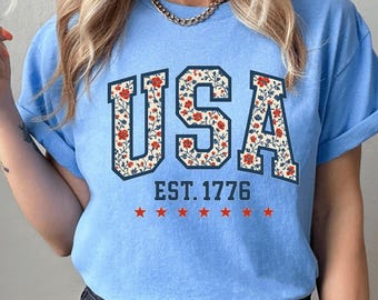 Floral USA Shirt, American Girl T-Shirt, USA Est 1776 Tee,Girly 4th of July Shirt,Patriotic Women Shirt, Flower USA Shirt,American Pride Tee