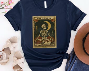 Tarot Reader Skeleton Shirt, The Reader Tarot Card Tee, Witchy Gothic Book Lover T-Shirt, Spiritual Gift for Her