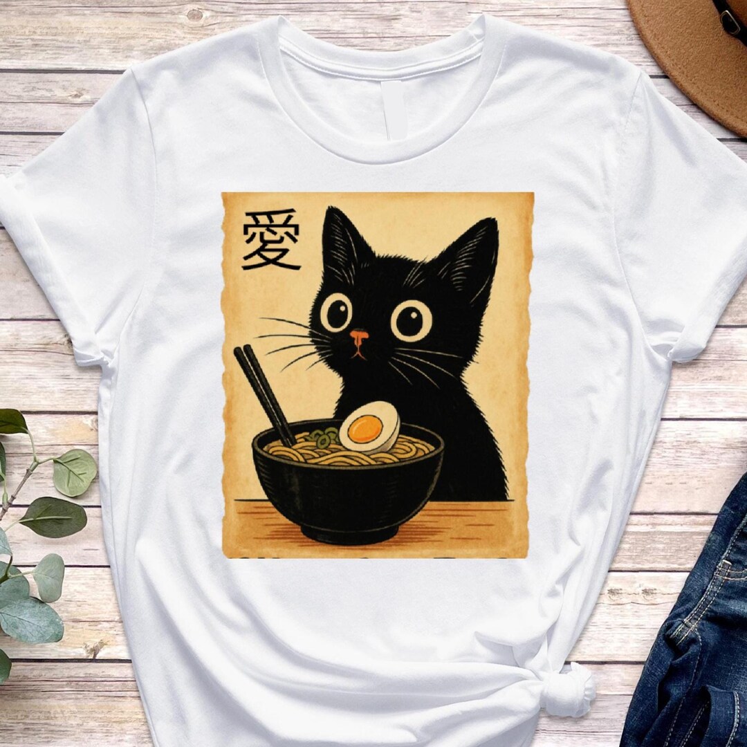 Funny Cat Ramen T-shirt, Kawaii Japanese Anime Cat Tee, Cute Noodle Cat ...