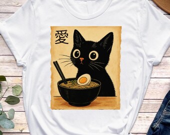 Funny Cat Ramen T-Shirt, Kawaii Japanese Anime Cat Tee, Cute Noodle Cat Shirt