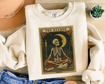 The Reader Tarot Card Sweatshirt, Skeleton Reading Sweatshirt, Tarot Card Sweatshirt, Book Lover Gift, Bookish Gift, Tarot Lover Gift