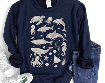 Sea Animals 90s Vintage Style Sweatshirt, Retro Y2K Ocean Sweatshirt with Dolphin, Turtle, Whale, Orca, Unisex Sweatshirt
