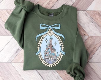 Blue Coquette Disney Castle Sweatshirt, Girly Magic Kingdom Bow Sweater, Disney Girl Trip Crewneck