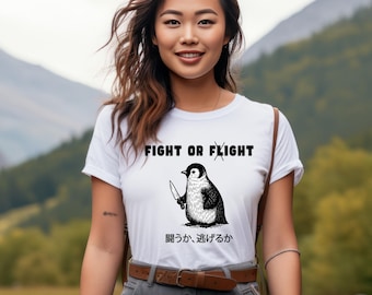 Funny Fight or Flight Penguin Shirt, Meme Bird With Knife Tee, Japanese Text T-Shirt, Sarcastic Penguin Graphic Tee, Edgy Gift Idea