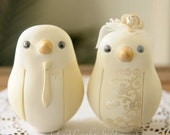Custom Wedding Cake Topper - Large Hand Painted Love Birds with Painted Bouquet