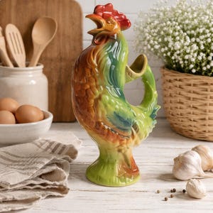 Pode incluir: Jarro de cerâmica colorido em forma de galo com crista vermelha e asa verde. O jarro é pintado em tons de verde, laranja e amarelo. O galo está sobre uma base verde. Decoração de cozinha.