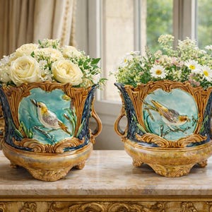 Paar antike Majolika-Übertöpfe – Vögel – Jugendstil, spätes 19. Jahrhundert