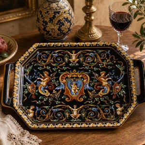 Puede incluir: Una bandeja de servicio negra octogonal con ribetes y asas doradas. La bandeja presenta un diseño detallado y ornamentado con figuras, motivos florales y un escudo central en azul, dorado y otros colores.
