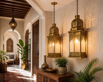 Large Pair of Antique Moorish Brass Lanterns, Moroccan Style, Pierced Metal & Glass, Electrified, c.1900