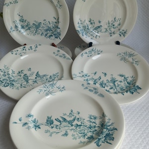 Puede incluir: Conjunto de platos de cerámica blanca con un diseño floral y de pájaros en color turquesa. Cada plato presenta una detallada ilustración de aves posadas en ramas con flores y hojas. Los platos están apilados y expuestos sobre una superficie blanca.
