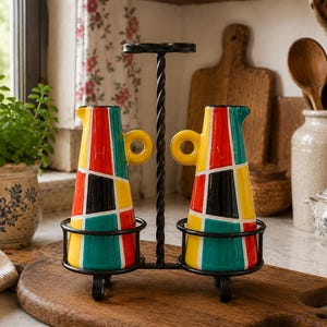 May include: A set of two ceramic cruets with a geometric pattern of red, yellow, teal, and black panels, each featuring a small handle and spout. The cruets are held in a black metal stand with a central twisted rod and a circular top handle.