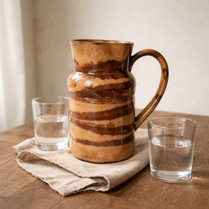 Może przedstawiać: Brązowy i beżowy ceramiczny dzban z dużym uchwytem, ​​z poziomymi ciemnobrązowymi paskami. Dwa przezroczyste szklanki wypełnione wodą stoją na beżowej lnianej serwetce. Dzban i szklanki znajdują się na drewnianej powierzchni.