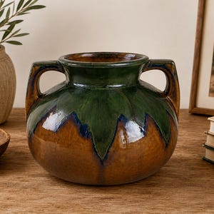May include: A ceramic vase with two handles, featuring a glossy finish. The vase has a brown base with green and blue accents near the top. The vase is sitting on a wooden surface.