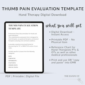 Puede incluir: Una plantilla digital de evaluación del dolor de pulgar para terapia de mano. El documento incluye secciones para rango de movimiento, fuerza, sensibilidad, palpación, observación y pruebas especiales para documentación clínica profesional.
