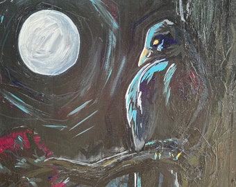 Raven in Moonlight - original acrylic painting - 18x24” stretched canvas - moody, dark art - by Canadian artist