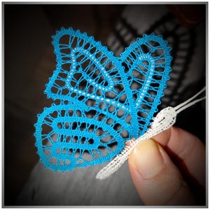 Könnte beinhalten: Eine blaue, schmetterlingsförmige Spitzendeckchen mit einem weißen Spitzenrand.