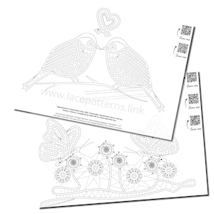 May include: Black and white line art pattern of two birds perched on a branch, with a heart above them. The birds are facing each other and their beaks are touching. The pattern is surrounded by a border of flowers and butterflies. The text "www.lacepatterns.link" is at the bottom of the image.