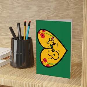 Cartões de felicitações, verde com coração amarelo e papoulas, design de escrita árabe da Palestina, 1 ou 10 peças, cartões de nota em branco, papelaria de feriado