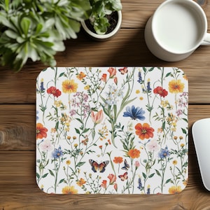 Botanical Garden Mouse Pad, Colorful Flowers and Butterflies Rectangle Mousepad, Floral Office Accessories, Christmas Gift for Coworker
