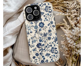 Chinoiserie Floral Phone Case: Blue Embroidery Style
