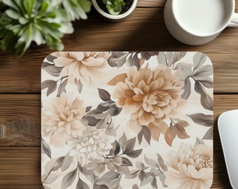 Floral Mouse Pad, Peonies and Dahlias Pattern, Brown Tone Desk Mat, Office Decor, Rectangle Mat, Christmas Gifts for Coworker