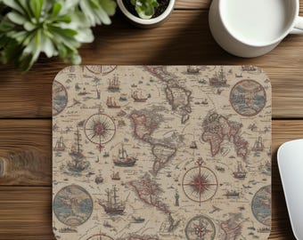 Vintage World Map Mouse Pad, Antique Map Desk Mat, Retro Cartography Office Accessories, Computer Mousepad, Christmas Gift for Coworker