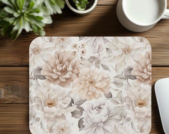 Floral Mouse Pad, Peonies and Dahlias Pattern, Brown Tone Desk Mat, Office Decor, Computer Accessories, Christmas Gift for Coworker