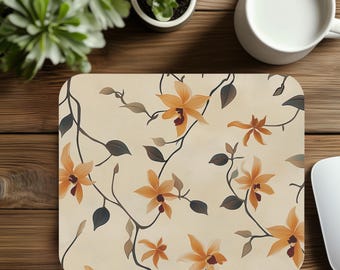 Rectangle Mouse Pad, Orchid and Ivy Pattern, Neutral Warm Tone, Desk Accessories,  Floral Mouse Mat, Christmas Gift for Coworker