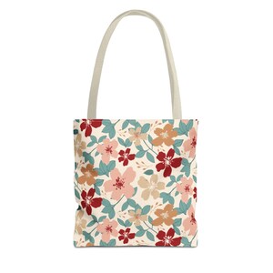 Eco-Friendly Floral Tote Bag, Red Blue Pink Flower Pattern Creamy White Background, Shopping Bag, Beach Bag, Grocery Bag, Gift for Her