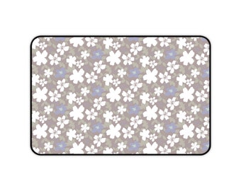 Floral Desk Mat, White & Blue Flowers, Brown Background, Non-Slip