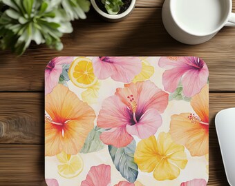 Floral Hibiscus Mouse Pad: Watercolor Tropical Lemon Desk Decor