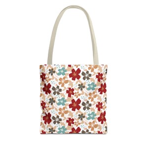 Eco-Friendly Floral Tote Bag with Red Blue Brown Flowers Tote Bag for Shopping Bag for Gift, Vivid Color Tote Bag