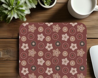 Traditional Rosette Motif Mouse Pad,  Stylish Office Decor, Red Floral Desk Mat, Rectangle Gaming Pad, Christmas Gift for Coworker
