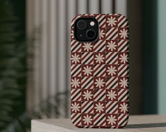 Red Checker Stripe Floral Phone Case, MagSafe Compatible