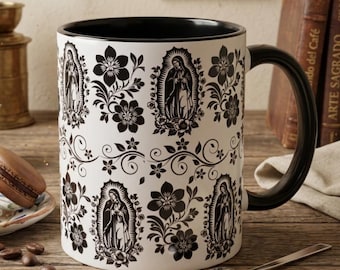 Virgin Mary Toile Mug Catholic Floral Coffee Cup Our Lady Mug Religious Gift for Women Marian Pattern Mug Godmother Gift 11oz 15oz