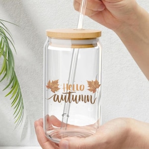 Hello Autumn Sipper Glass, Fall Aesthetic Iced Coffee Cup with Lid and Straw, Pumpkin Spice Season Glass