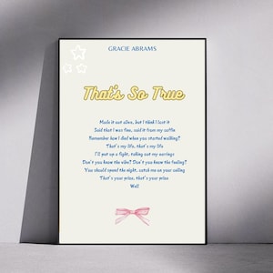 Gracie Abrams &quot;That’s So True&quot; Poster | Gracie Abrams Print, That&#39;s So True Poster, Gracie Abrams Merch, Gracie Abrams Gift, A4 Wall Art