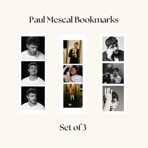 Puede incluir: Conjunto de tres marcap&aacute;ginas de fotos en blanco y negro con un hombre en diferentes poses. El texto "Paul Mescal Bookmarks" y "Set of 3" est&aacute; impreso en la imagen.