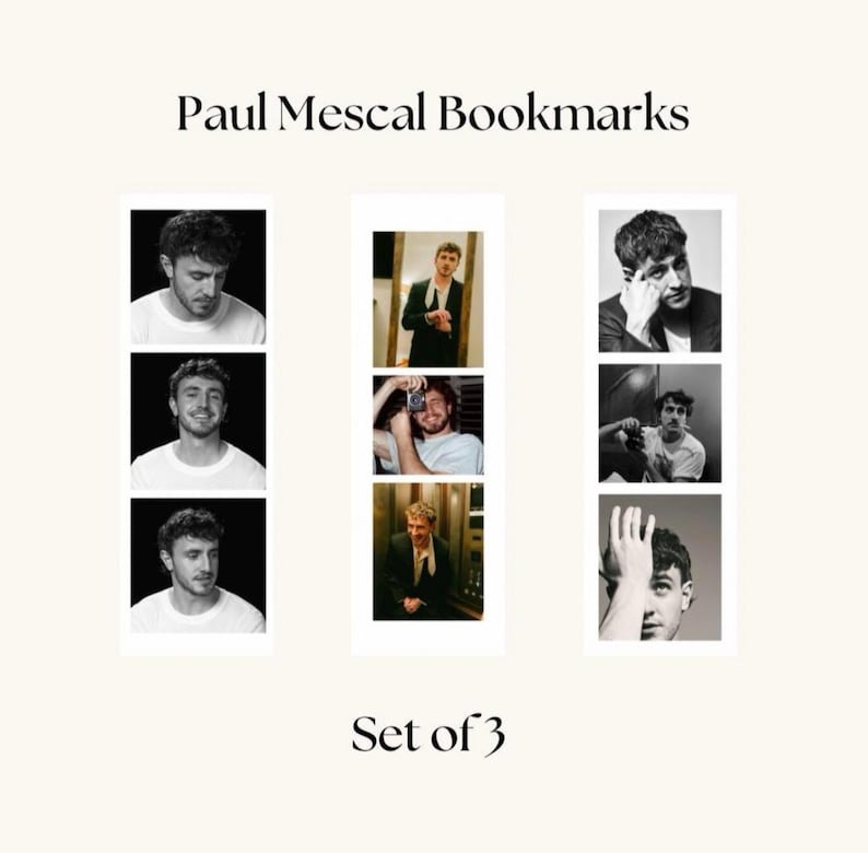 Puede incluir: Conjunto de tres marcap&aacute;ginas de fotos en blanco y negro con un hombre en diferentes poses. El texto "Paul Mescal Bookmarks" y "Set of 3" est&aacute; impreso en la imagen.