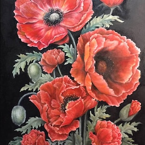 Red Poppies Oil Painting: Realistic Floral Art on Dark Background
