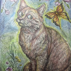 Grazioso disegno di un gatto fatto a mano su carta: un regalo unico e da collezione, unico nel suo genere.