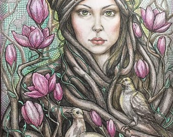 Despertar de la primavera: Obra de arte original dibujada a mano sobre papel, Magnolia y pájaros.