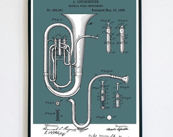 Euphonium Patent Print | Printable Wall Art | Brass Instrument | Digital Download | Retro Polaroid Style | Room Decor | Vintage Music Poster