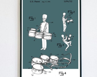 Marching Quad Drums Patent Print | Printable Wall Art | Band | Digital Download | Retro Polaroid Style | Room Decor | Vintage Music Poster